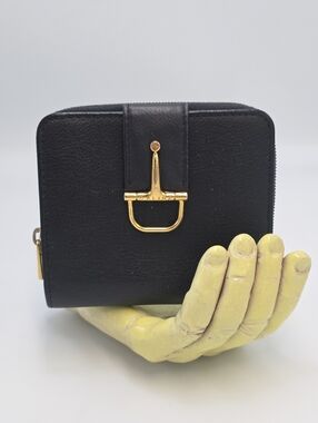 Vintage Celine Paris Black Leather Zip Around Wallet Gold Horsebit Hardware Red